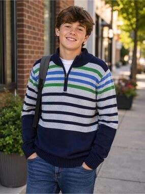 Hartstrings Youth Boys Striped Zip Front Sweater Sz 12/14